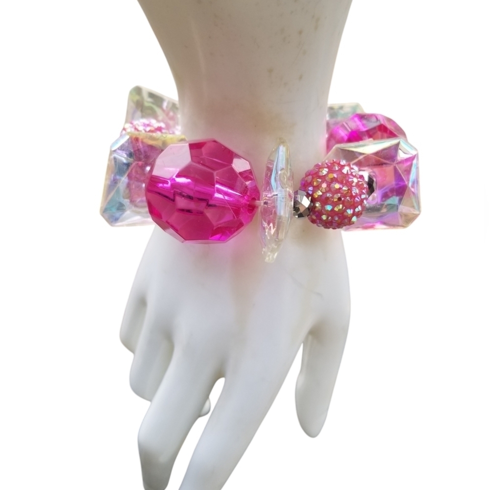 VINTAGE CHUNKY TRANSLUCENT PINK SPARKLY ACRYLIC STRETCH BRACELET